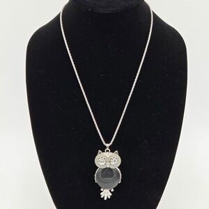 Y2K Owl Pendant Necklace Silver Tone Rhinestone Black Stone Fashion‎ Jewelry